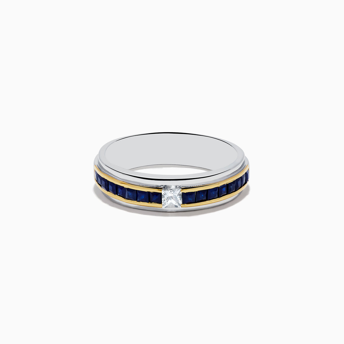 The 925 Mens Sterling Silver Sapphire Ring features a two-tone design with white and yellow metal accents, a central square diamond, and a channel-set row of square blue sapphires along the band.