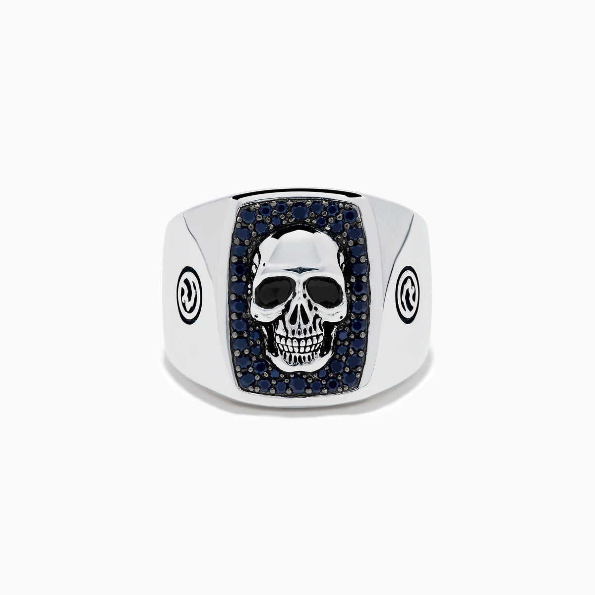 The Men's Sterling Silver Black Spinel Skull Ring features a central raised skull, small black spinel stones surrounding it, and circular engraved symbols on each side of the band.
