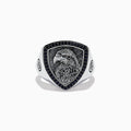 The Mens 925 Sterling Silver Black Spinel Eagle Shield Ring features an engraved eagle head on a shield-shaped face, accented with black spinel and detailed feather patterns on the eagle.