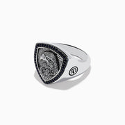 The Mens 925 Sterling Silver Black Spinel Eagle Shield Ring features an engraved eagle head on a shield-shaped face, accented with black spinel and detailed feather patterns on the eagle.