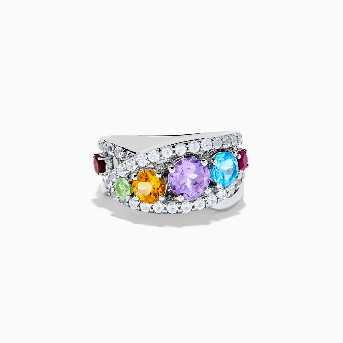 The Mosaic 925 Sterling Silver Multi Color Gemstone Ring features a row of red, green, yellow, purple, and blue gemstones accented by clear stones surrounding the band.