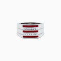 The Men's 925 Sterling Silver Channel Set Ruby and Sapphire Ring showcases a bold, wide band with three rows: ruby stones on the top and bottom and sapphires in the center, creating a modern geometric design.