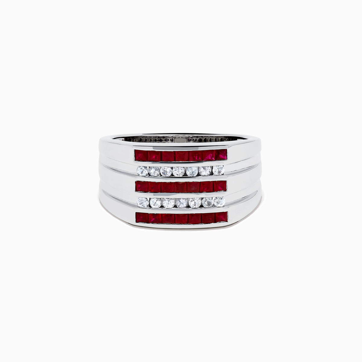 The Men's 925 Sterling Silver Channel Set Ruby and Sapphire Ring showcases a bold, wide band with three rows: ruby stones on the top and bottom and sapphires in the center, creating a modern geometric design.