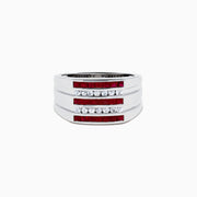 The Men's 925 Sterling Silver Channel Set Ruby and Sapphire Ring showcases a bold, wide band with three rows: ruby stones on the top and bottom and sapphires in the center, creating a modern geometric design.