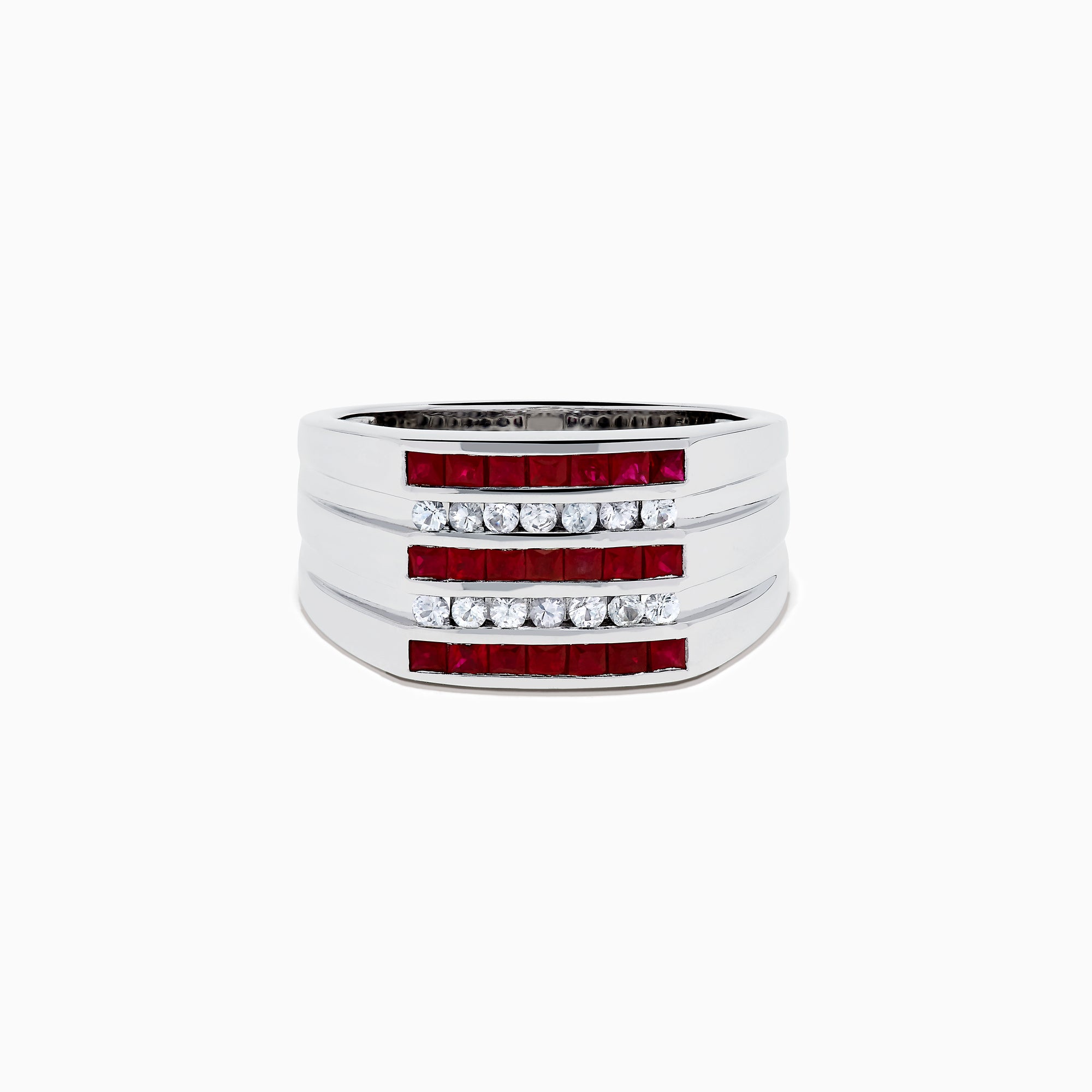 The Men's 925 Sterling Silver Channel Set Ruby and Sapphire Ring showcases a bold, wide band with three rows: ruby stones on the top and bottom and sapphires in the center, creating a modern geometric design.
