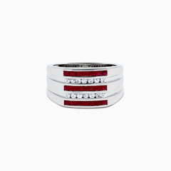 The Men's 925 Sterling Silver Channel Set Ruby and Sapphire Ring showcases a bold, wide band with three rows: ruby stones on the top and bottom and sapphires in the center, creating a modern geometric design.