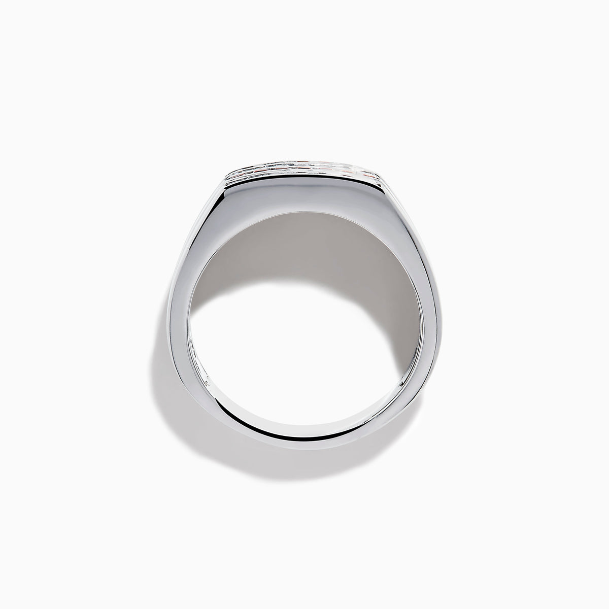 The Men's 925 Sterling Silver Channel Set Ruby and Sapphire Ring showcases a bold, wide band with three rows: ruby stones on the top and bottom and sapphires in the center, creating a modern geometric design.