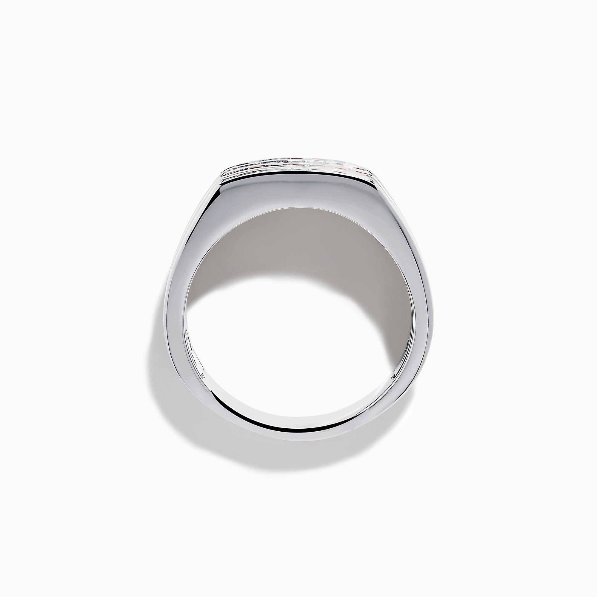 The Men's 925 Sterling Silver Channel Set Ruby and Sapphire Ring showcases a bold, wide band with three rows: ruby stones on the top and bottom and sapphires in the center, creating a modern geometric design.