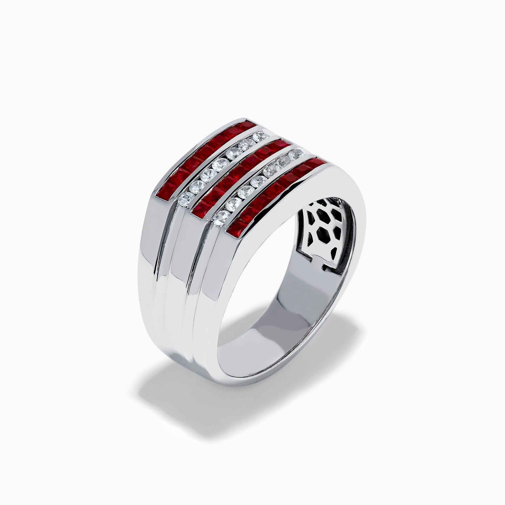 The Men's 925 Sterling Silver Channel Set Ruby and Sapphire Ring showcases a bold, wide band with three rows: ruby stones on the top and bottom and sapphires in the center, creating a modern geometric design.