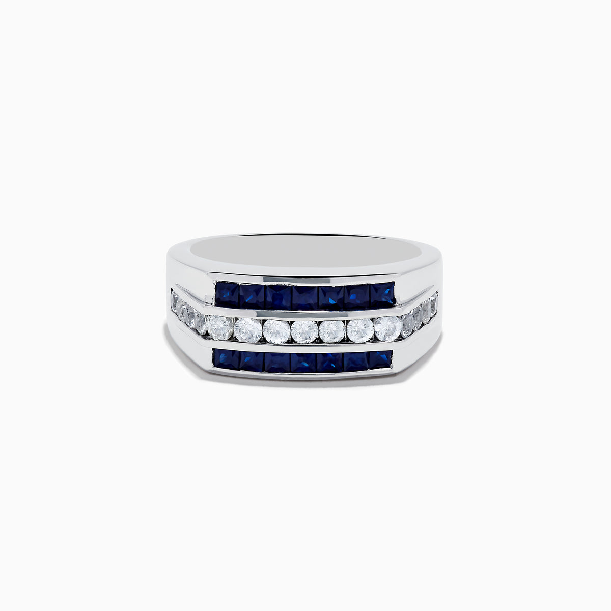 The Mens 925 Sterling Silver Blue and White Sapphire Ring showcases two rows of square-cut blue sapphires and a central row of round white sapphires in a geometric design, all set against a plain white background.