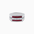 Mens 925 Sterling Silver Ruby and White Sapphire Ring featuring a horizontal row of white sapphires set between two rows of square rubies, displayed on a white background.