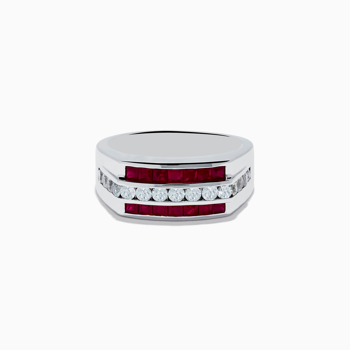Mens 925 Sterling Silver Ruby and White Sapphire Ring featuring a horizontal row of white sapphires set between two rows of square rubies, displayed on a white background.