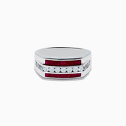 Mens 925 Sterling Silver Ruby and White Sapphire Ring featuring a horizontal row of white sapphires set between two rows of square rubies, displayed on a white background.