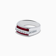 Mens 925 Sterling Silver Ruby and White Sapphire Ring featuring a horizontal row of white sapphires set between two rows of square rubies, displayed on a white background.