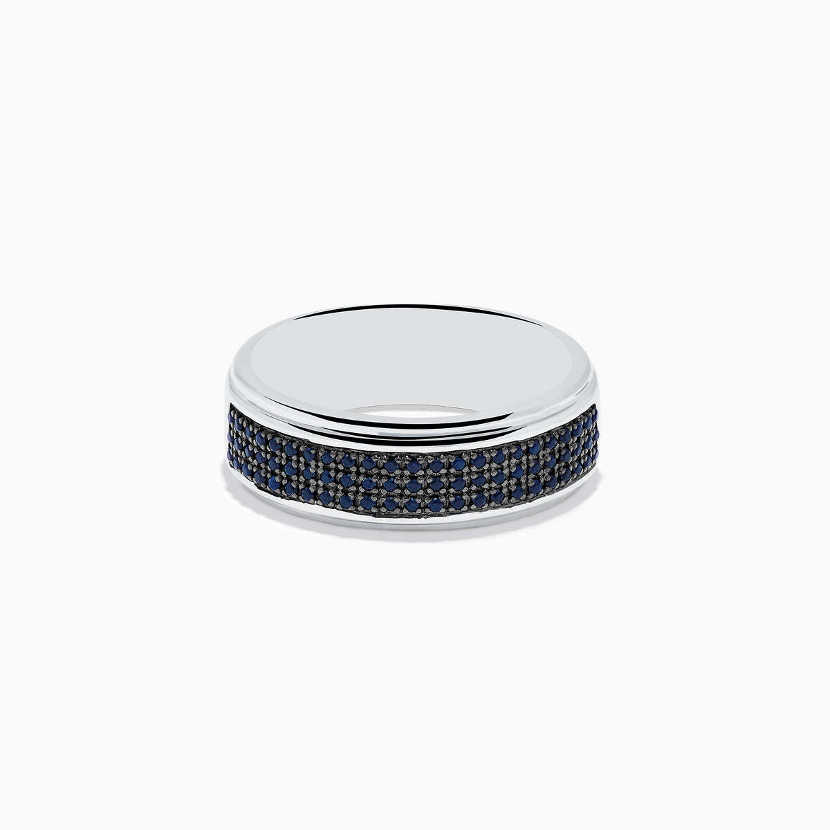 The Mens 925 Sterling Silver Black Sapphire Band Ring features a wide sterling silver band with a central row of black sapphires, creating an elegant mens ring displayed against a plain white background.