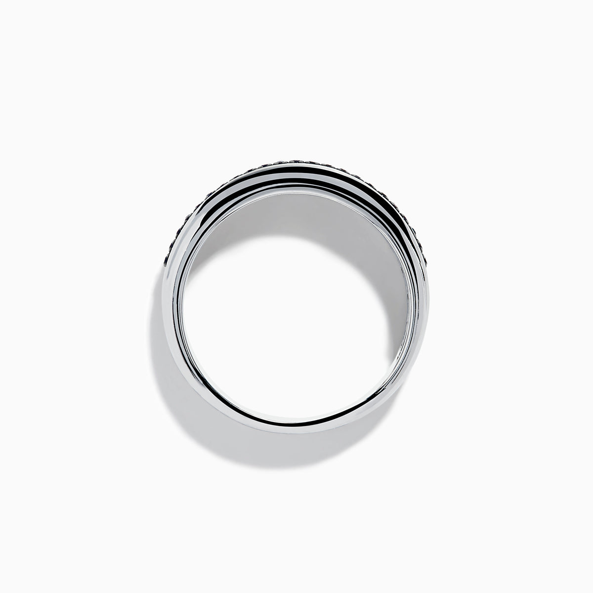 The Mens 925 Sterling Silver Black Sapphire Band Ring features a wide sterling silver band with a central row of black sapphires, creating an elegant mens ring displayed against a plain white background.