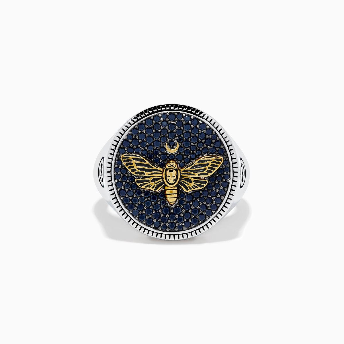 The Men's Sterling Silver Black Spinel Moth Ring showcases a gold moth and crescent moon on a round navy face, accented with sparkling black spinel stones.