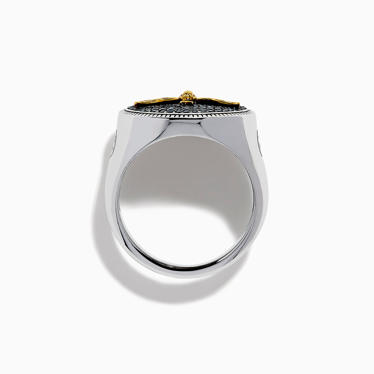 The Men's Sterling Silver Black Spinel Moth Ring showcases a gold moth and crescent moon on a round navy face, accented with sparkling black spinel stones.