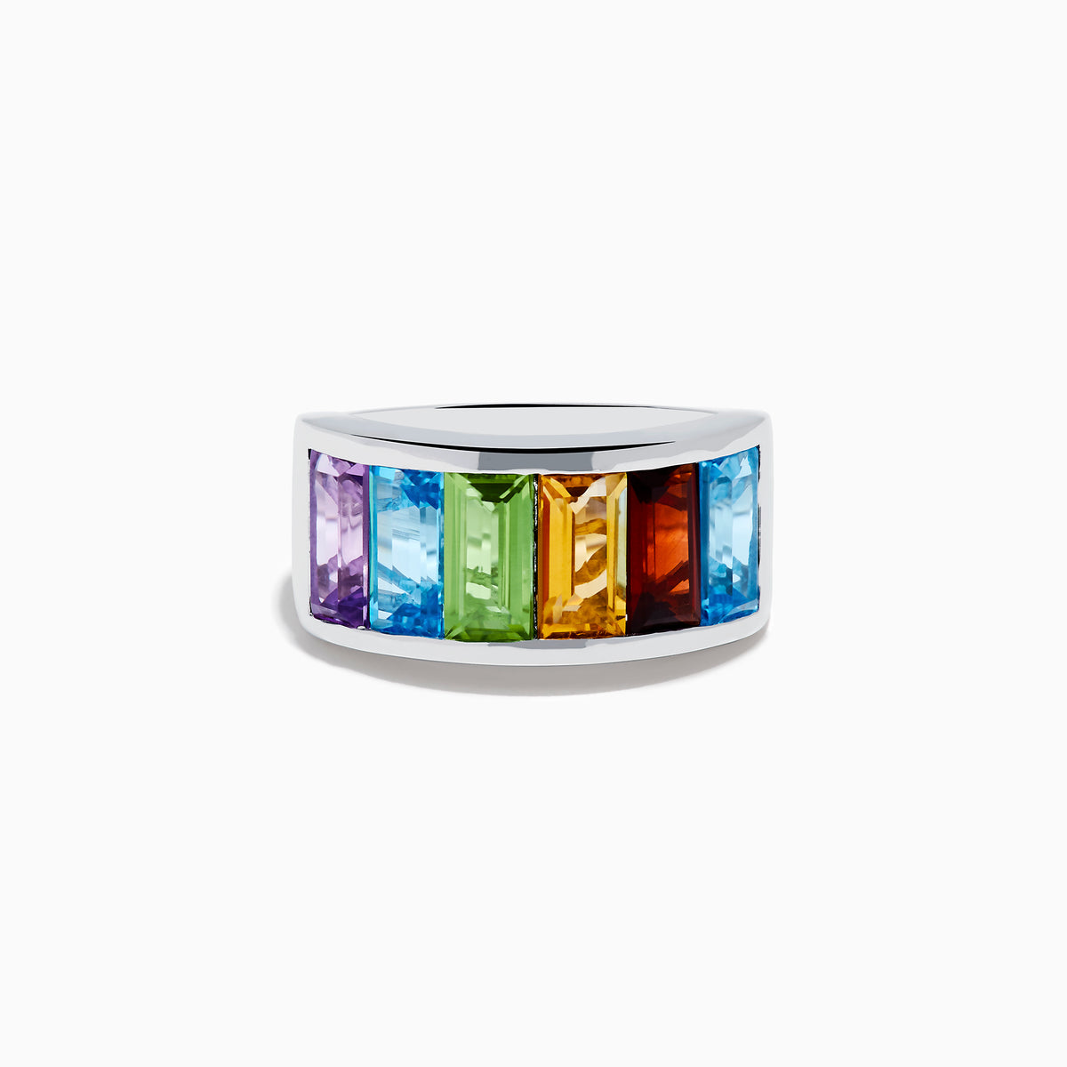 The Mosaic 925 Sterling Silver Multi Color Gemstone Ring features rectangular purple, green, orange, and blue stones in a rainbow pattern, shown against a white background.