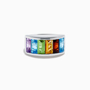 The Mosaic 925 Sterling Silver Multi Color Gemstone Ring features rectangular purple, green, orange, and blue stones in a rainbow pattern, shown against a white background.