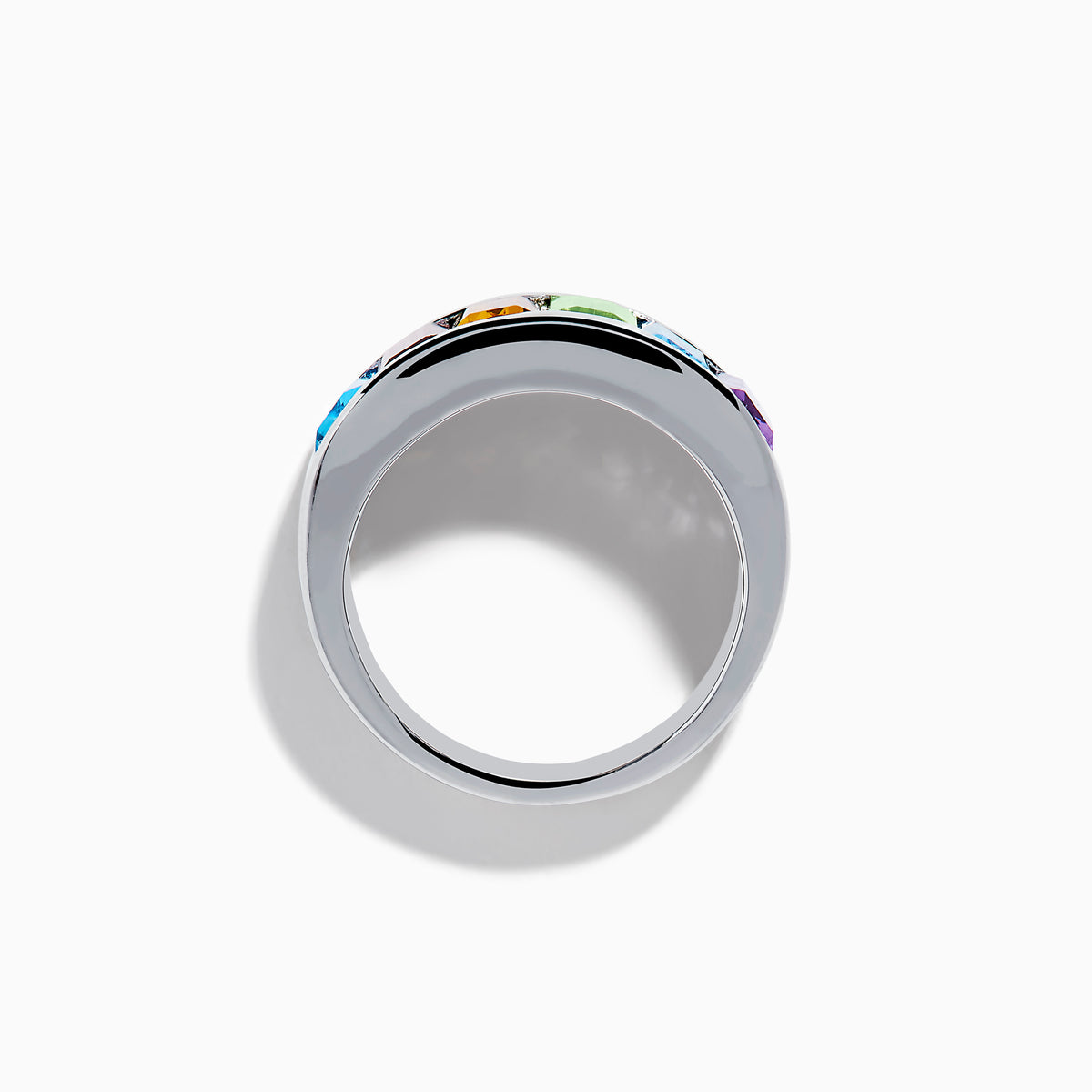 The Mosaic 925 Sterling Silver Multi Color Gemstone Ring features rectangular purple, green, orange, and blue stones in a rainbow pattern, shown against a white background.
