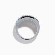 The Mosaic 925 Sterling Silver Multi Color Gemstone Ring features rectangular purple, green, orange, and blue stones in a rainbow pattern, shown against a white background.