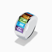 The Mosaic 925 Sterling Silver Multi Color Gemstone Ring features rectangular purple, green, orange, and blue stones in a rainbow pattern, shown against a white background.