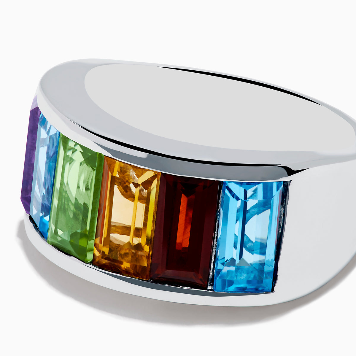 The Mosaic 925 Sterling Silver Multi Color Gemstone Ring features rectangular purple, green, orange, and blue stones in a rainbow pattern, shown against a white background.