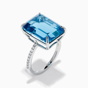 Sterling Silver Blue Topaz and Diamond Emerald-Cut Solitaire Ring