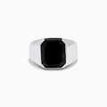 The Men's 925 Sterling Silver Onyx Ring showcases a wide band with a large rectangular black onyx set in the center, shown against a plain white background.