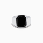 The Men's 925 Sterling Silver Onyx Ring showcases a wide band with a large rectangular black onyx set in the center, shown against a plain white background.