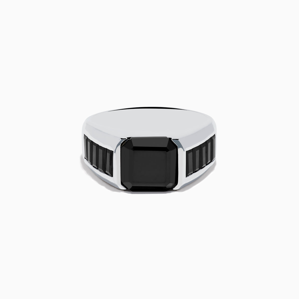 The Mens 925 Sterling Silver Black Spinel Ring showcases a large square-cut black spinel at its center, accented with smaller rectangular stones on each side of the band. Displayed on a white background, its a sophisticated choice for men.