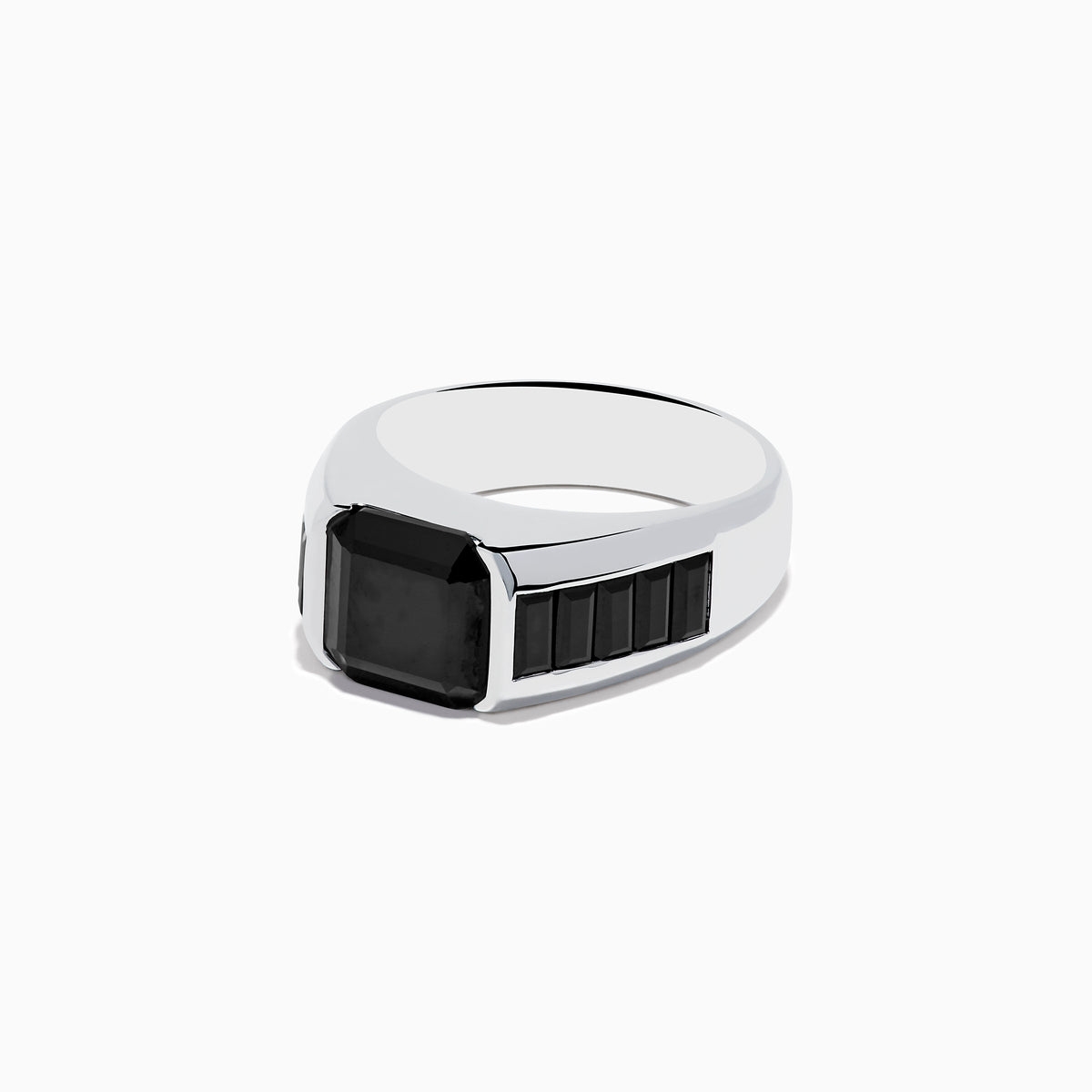 The Mens 925 Sterling Silver Black Spinel Ring showcases a large square-cut black spinel at its center, accented with smaller rectangular stones on each side of the band. Displayed on a white background, its a sophisticated choice for men.