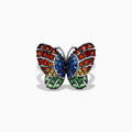 The Nature Sterling Silver Multi Sapphires Butterfly Ring features vibrant wings adorned with red, blue, yellow, orange, and green sapphires set against a white background for a stunning look.