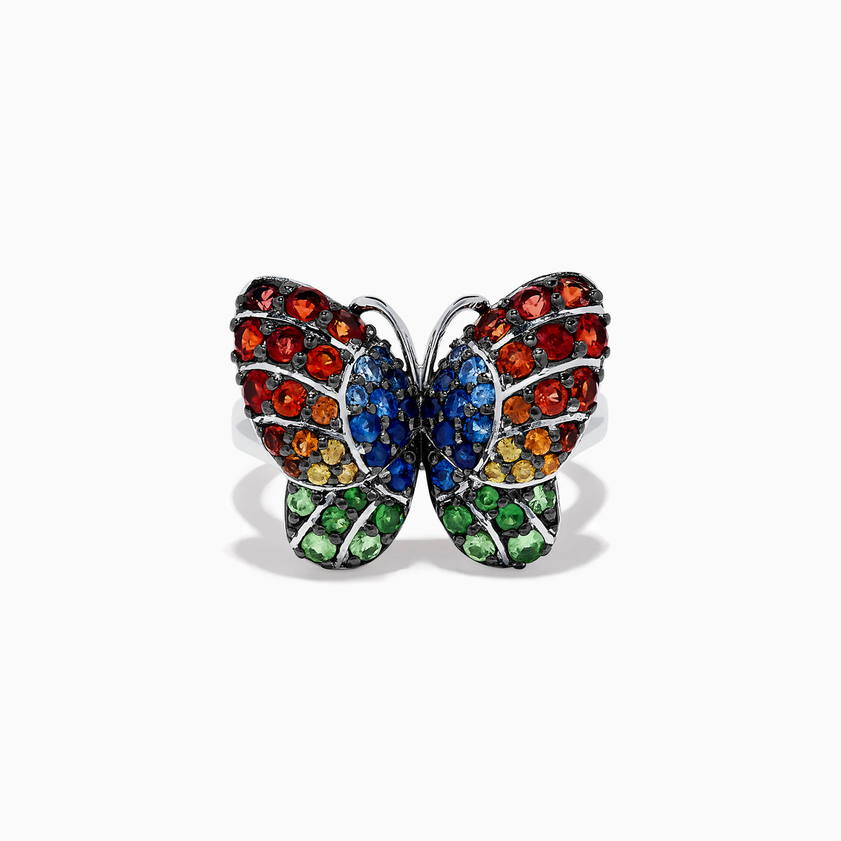 The Nature Sterling Silver Multi Sapphires Butterfly Ring features vibrant wings adorned with red, blue, yellow, orange, and green sapphires set against a white background for a stunning look.