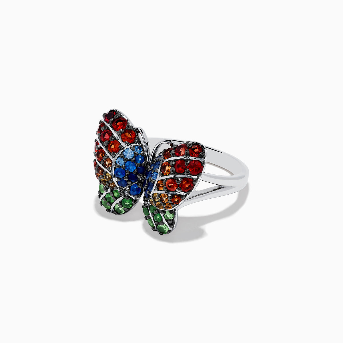 The Nature Sterling Silver Multi Sapphires Butterfly Ring features vibrant wings adorned with red, blue, yellow, orange, and green sapphires set against a white background for a stunning look.
