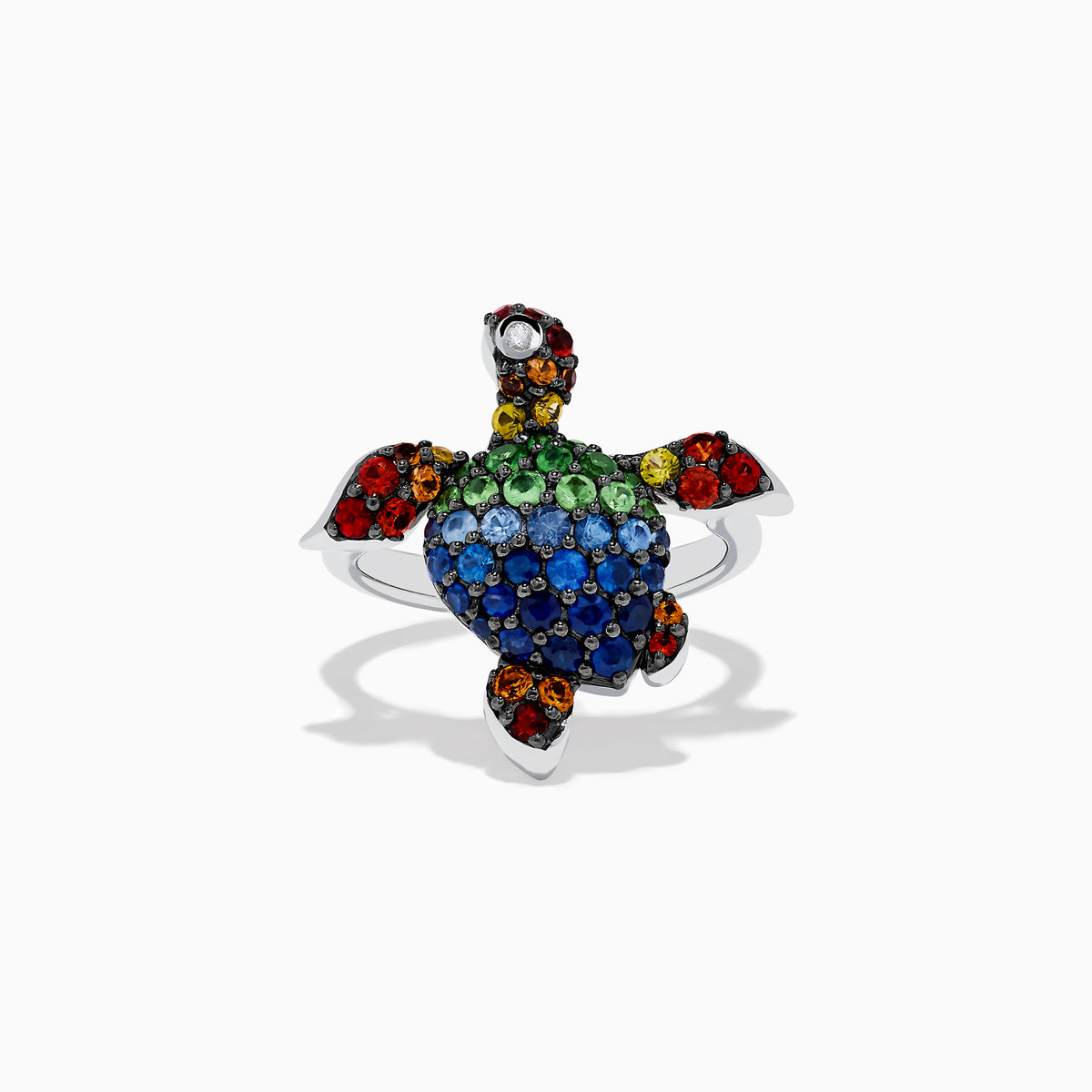 The 925 Seaside Sterling Silver Multi Sapphires Turtle Ring features a turtle design with blue, green, red, yellow, orange, and black sapphires on its shell, head, and flippers for a vibrant look.
