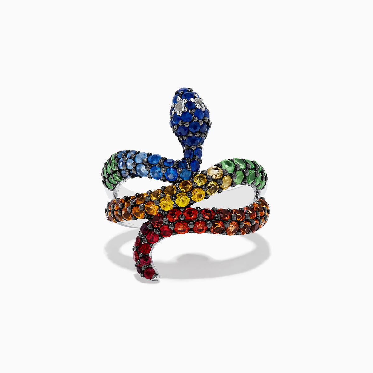 The 925 Safari Sterling Silver Multi Sapphire Snake Ring features a coiled design with blue, green, yellow, orange, and red sapphire gemstones on sterling silver, displayed against a plain white background.