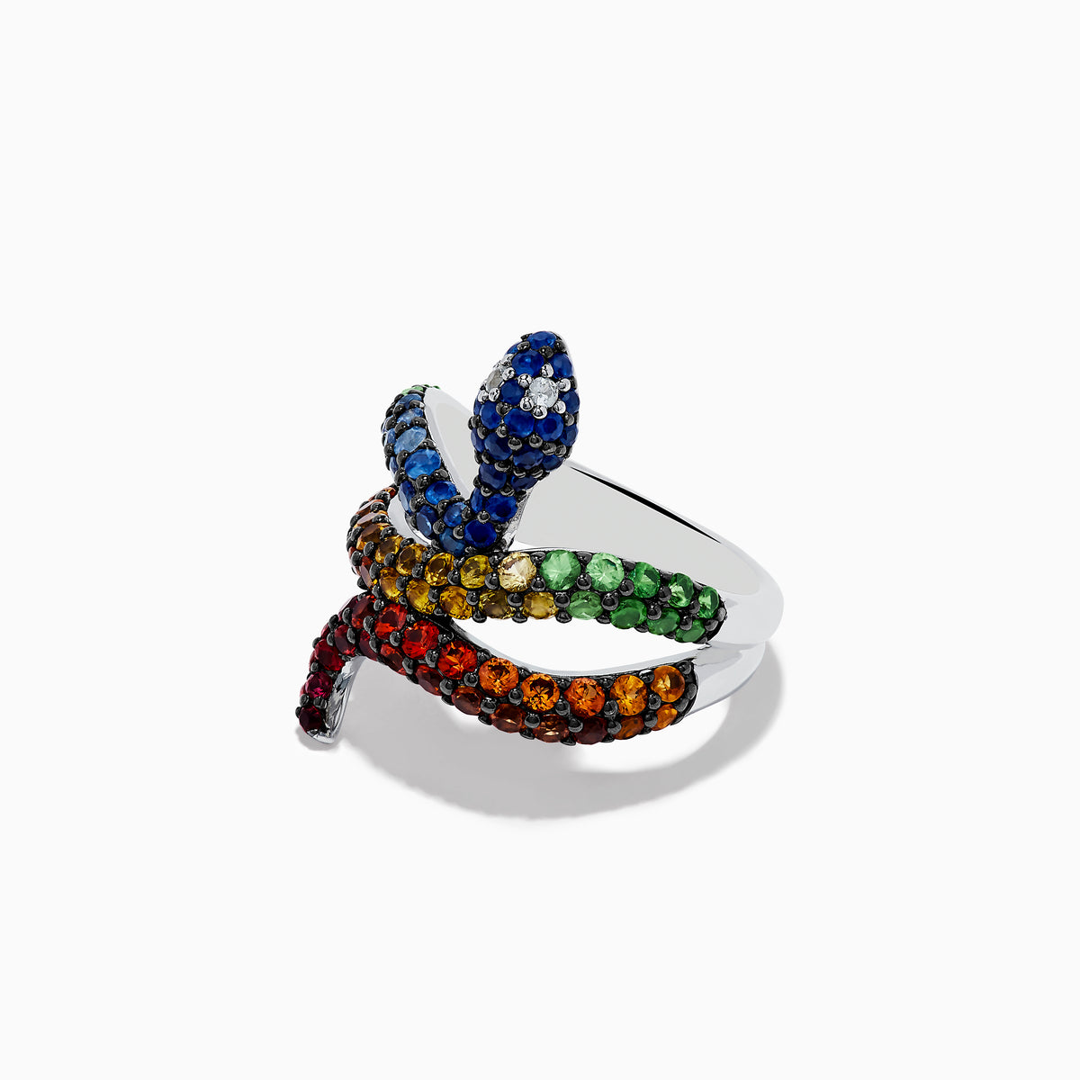 The 925 Safari Sterling Silver Multi Sapphire Snake Ring features a coiled design with blue, green, yellow, orange, and red sapphire gemstones on sterling silver, displayed against a plain white background.