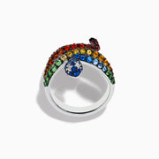 The 925 Safari Sterling Silver Multi Sapphire Snake Ring features a coiled design with blue, green, yellow, orange, and red sapphire gemstones on sterling silver, displayed against a plain white background.
