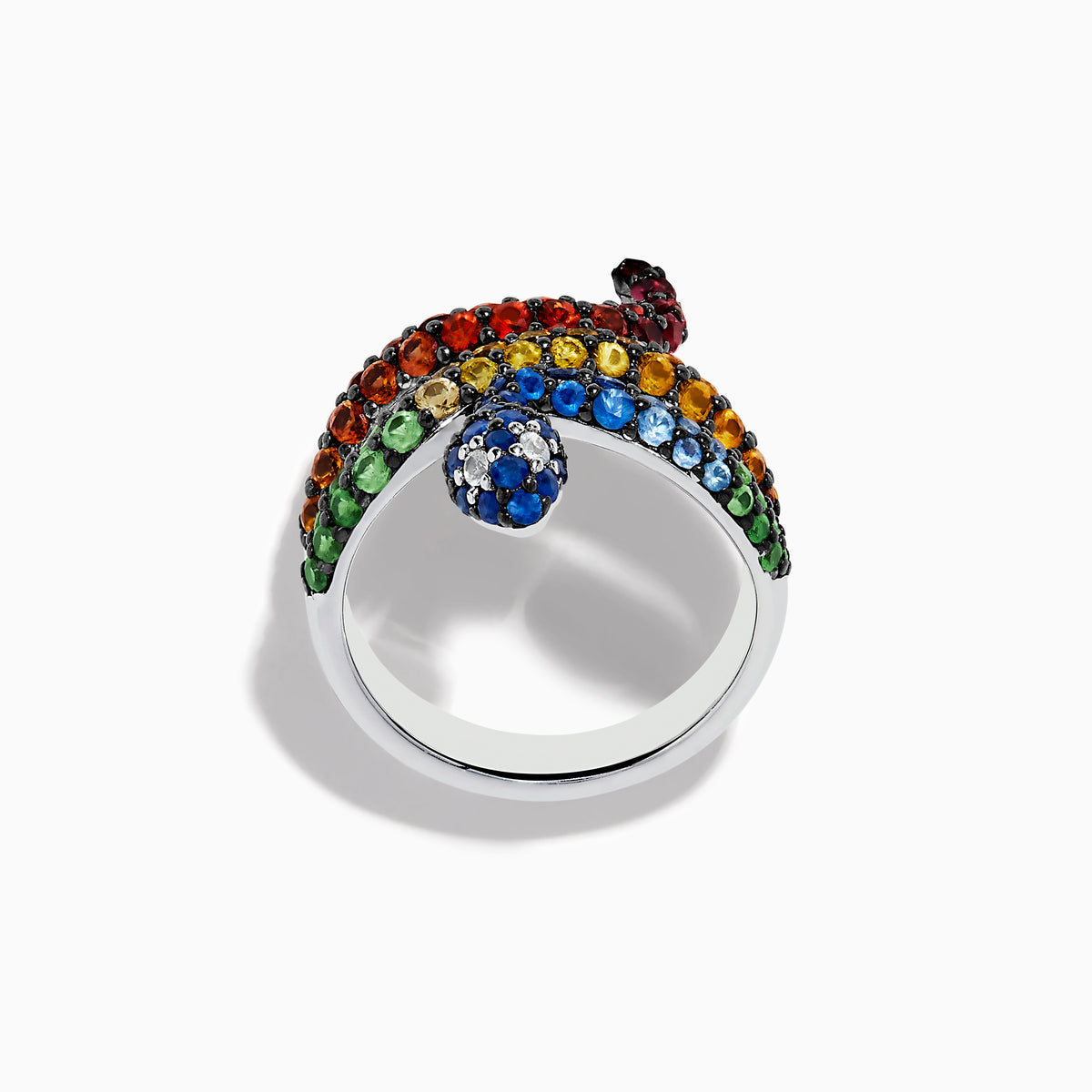 The 925 Safari Sterling Silver Multi Sapphire Snake Ring features a coiled design with blue, green, yellow, orange, and red sapphire gemstones on sterling silver, displayed against a plain white background.