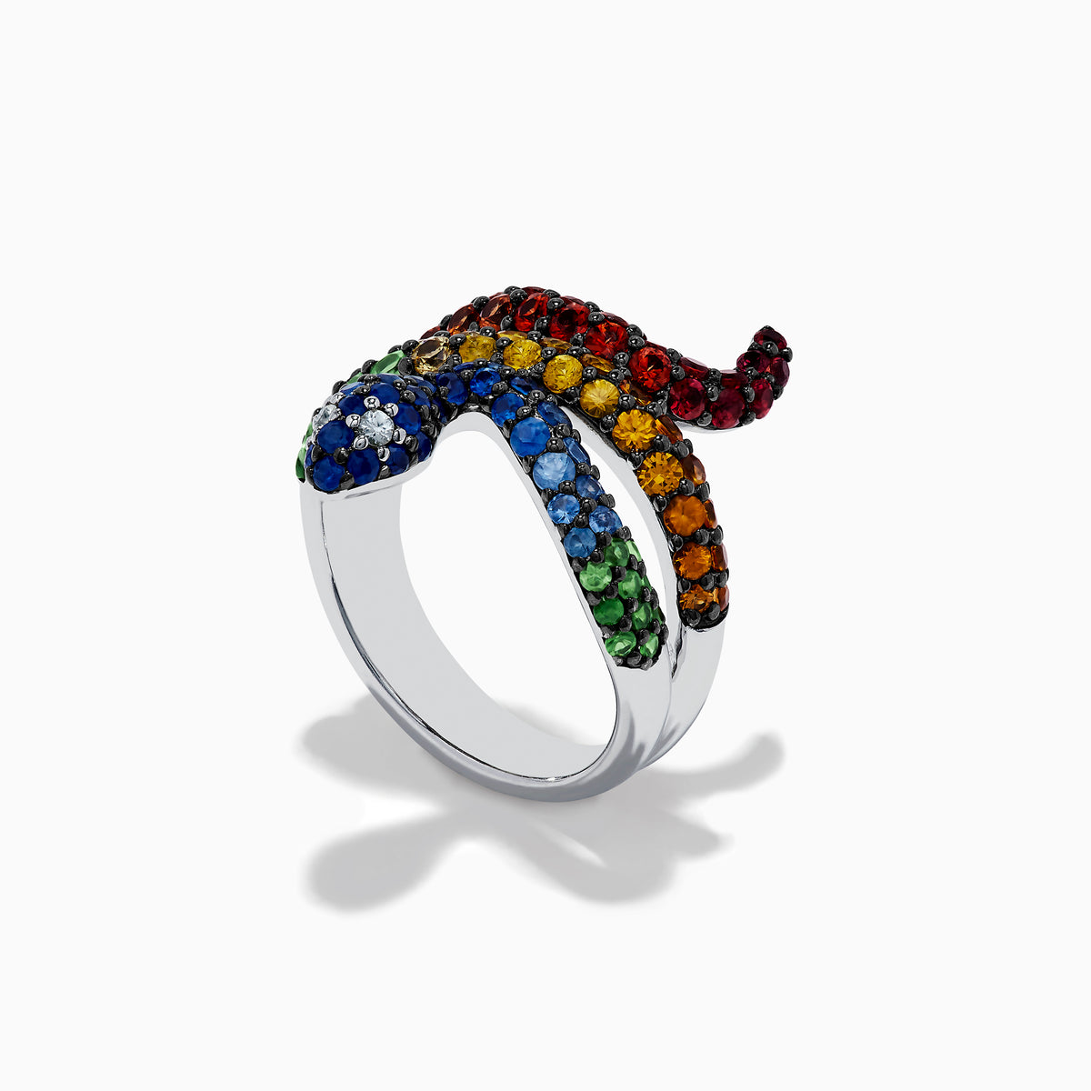The 925 Safari Sterling Silver Multi Sapphire Snake Ring features a coiled design with blue, green, yellow, orange, and red sapphire gemstones on sterling silver, displayed against a plain white background.