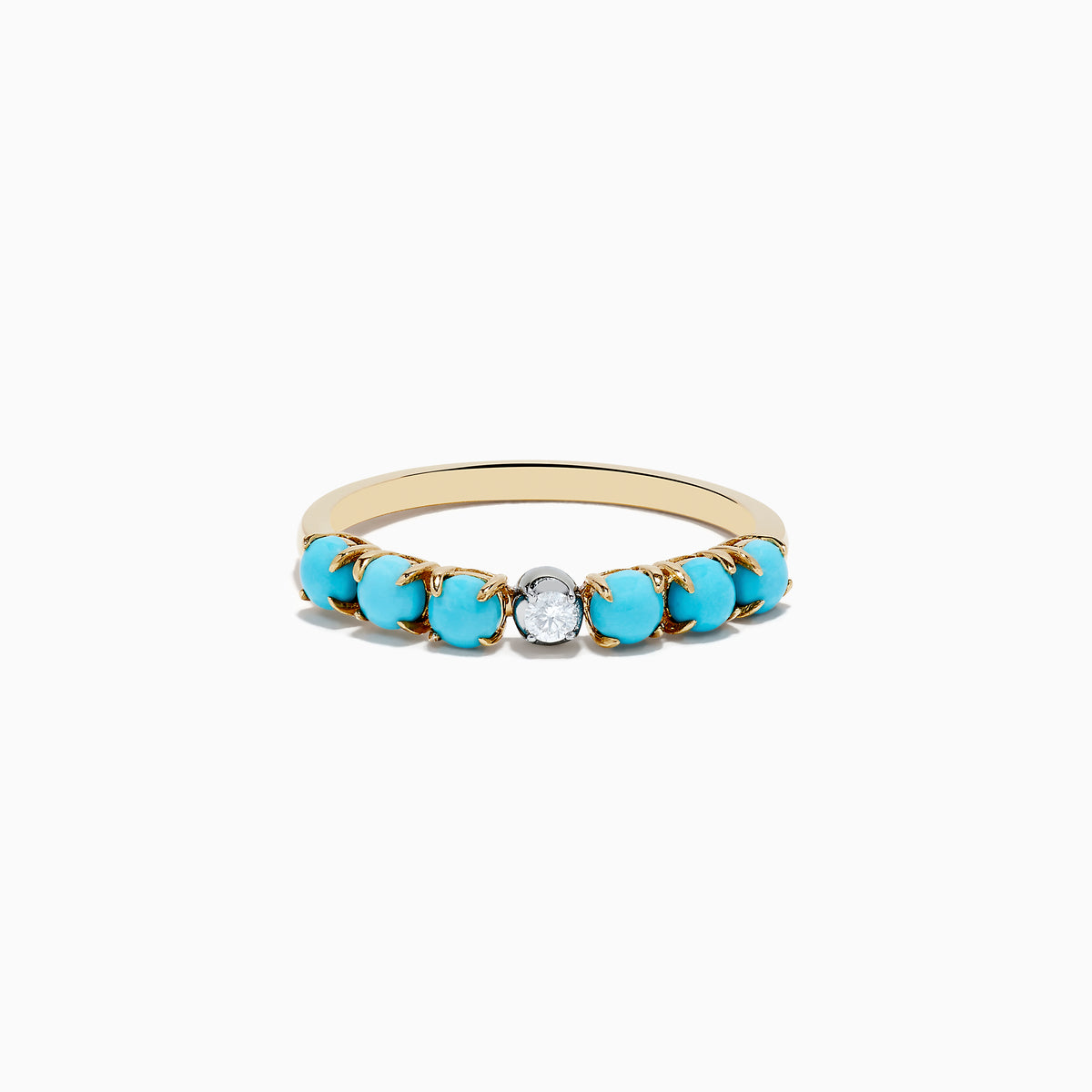 The 14K Two-Tone Gold Turquoise and Diamond Ring features a row of vibrant turquoise stones accented by a single round diamond in the center.