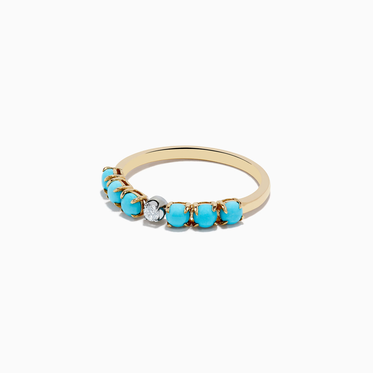 The 14K Two-Tone Gold Turquoise and Diamond Ring features a row of vibrant turquoise stones accented by a single round diamond in the center.