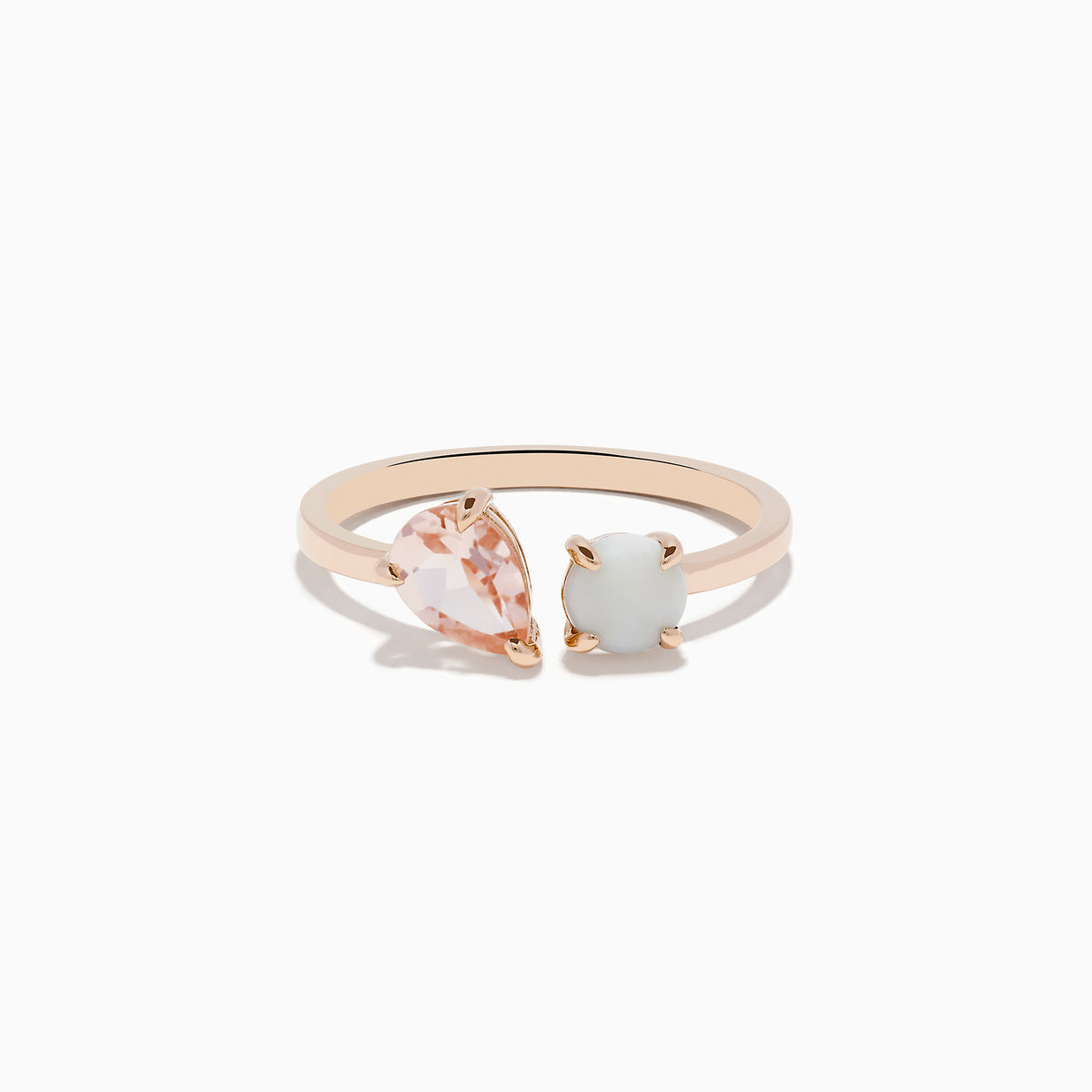 The Aurora 14K Rose Gold Opal and Morganite Toi Et Moi Ring features an asymmetrical design with a pear-shaped pink morganite and a round white opal set side by side against a plain white background.