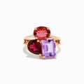 The 14K Rose Gold Pink Amethyst, Tourmaline & Rhodolite Cocktail Ring showcases a pink amethyst, deep red tourmaline, and faceted purple rhodolite in delicate prongs for a stunning cocktail look.