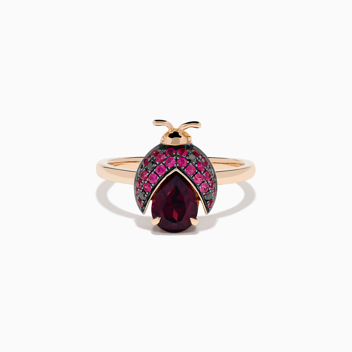 14K Rose Gold Rhodolite, Ruby and Black Diamond Ladybug Ring