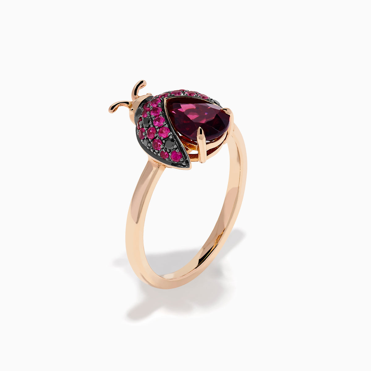 14K Rose Gold Rhodolite, Ruby and Black Diamond Ladybug Ring