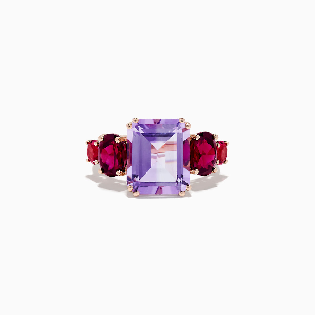 A 14K Rose Gold ring featuring a large rectangular Amethyst center stone, flanked by two oval Rhodolite and two round Pink Tourmaline gemstones, set against a white background.
