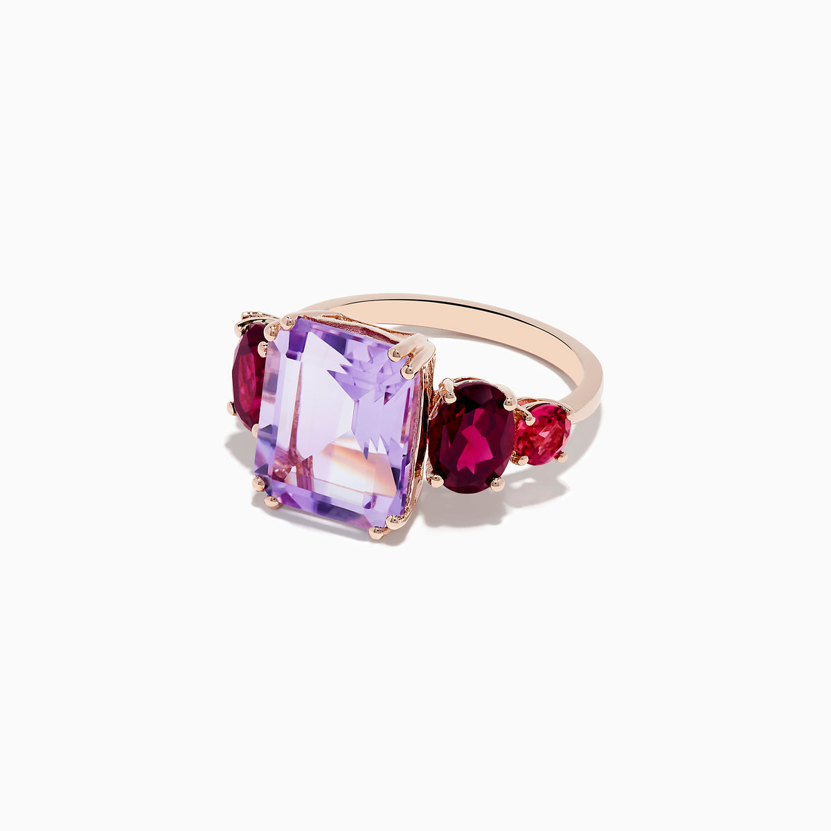 A 14K Rose Gold ring featuring a large rectangular Amethyst center stone, flanked by two oval Rhodolite and two round Pink Tourmaline gemstones, set against a white background.